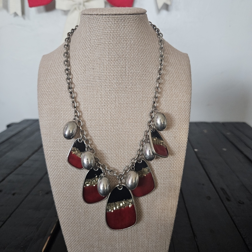 Laura Ashley Y2K Red Silver Black Chunky Statement Necklace Funky Unique Jewelry